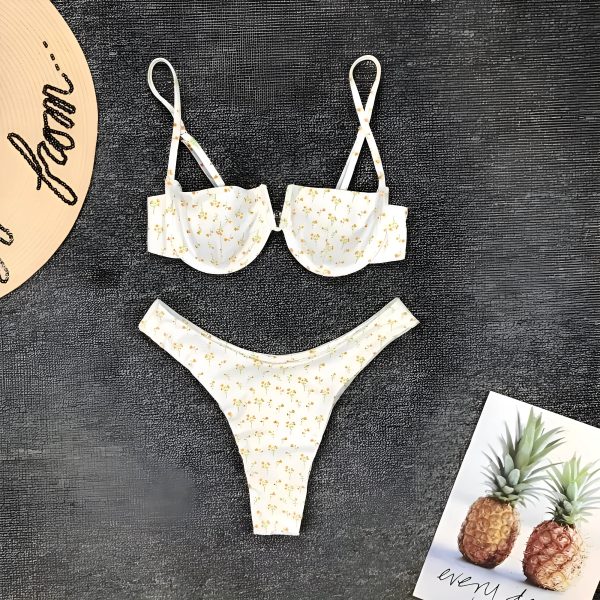 Dwuczęściowy strój kąpielowy bikini w drobne kwiaty z wyciętym biustonoszem Fashion